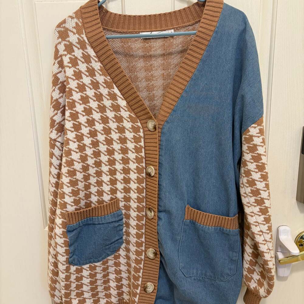 By Egreis Houndstooth Denim Patchwork Cardigan Sw… - image 6